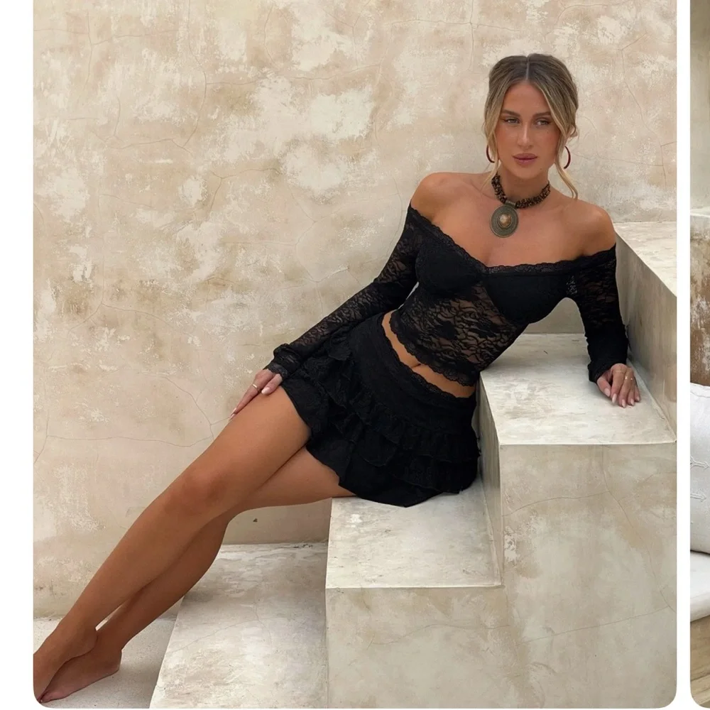 Black Lace Off-Shoulder Top and Skirt Set - Picture 1 of 11